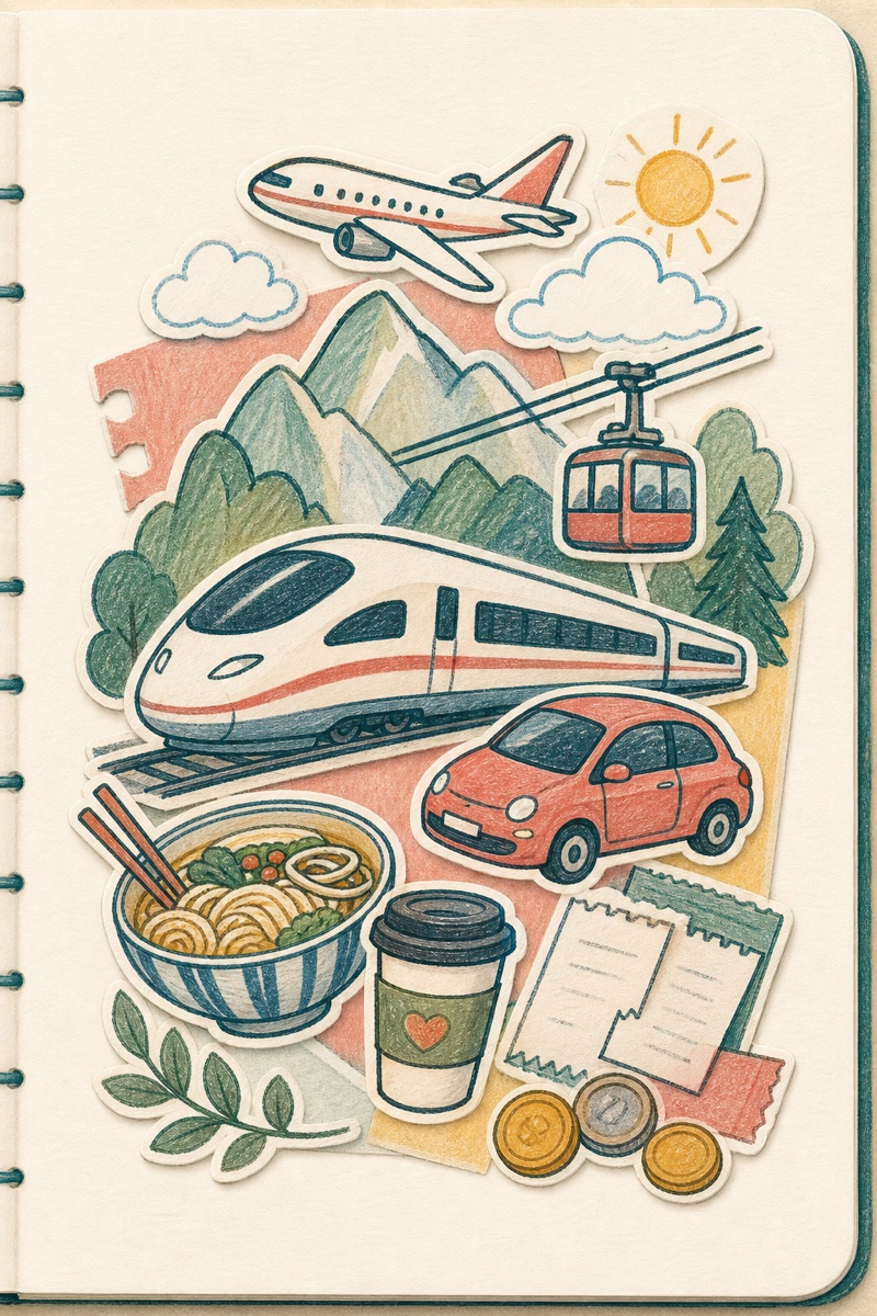 高铁、飞机、租车、索道、山景、餐饮和票据组成的手绘旅行贴纸